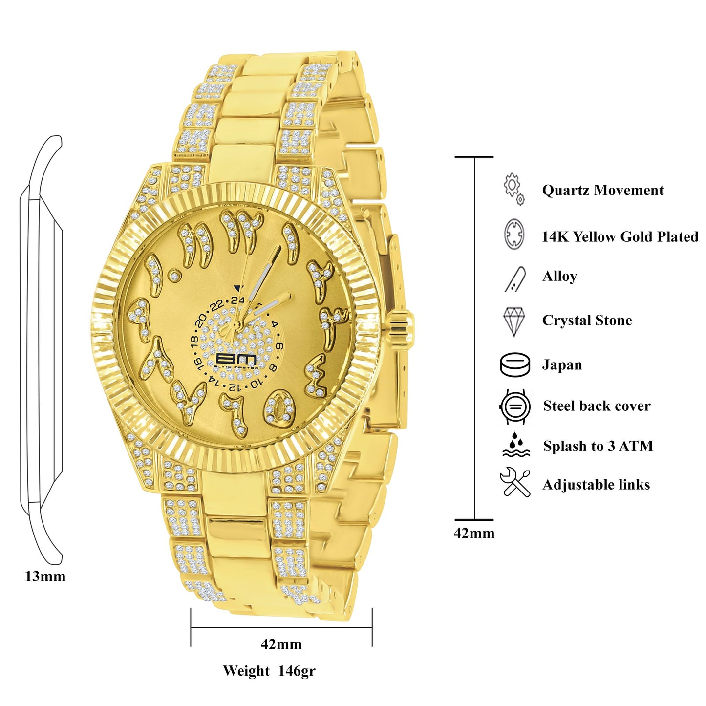 Gold watch with diamond-studded face and detailed specifications on a white background