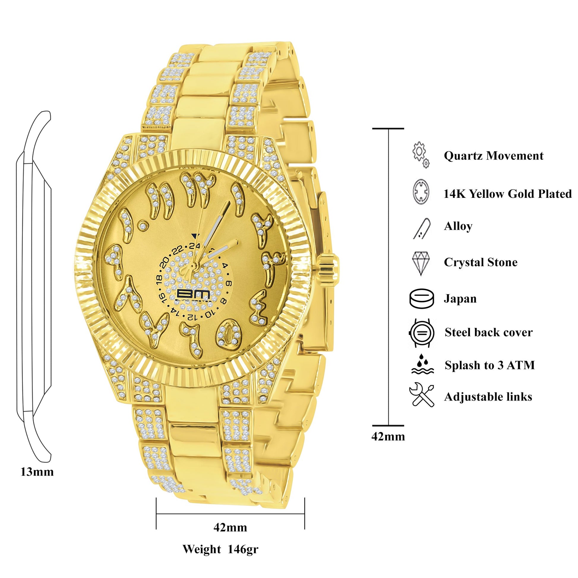 Gold watch with diamond-studded face and detailed specifications on a white background