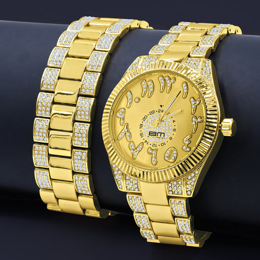 Gold watch with diamond-studded band on a dark background