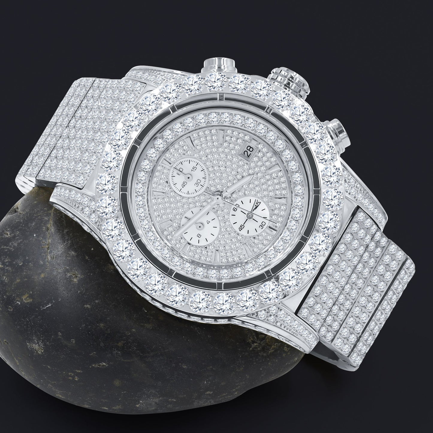 Luxury diamond-encrusted watch on a dark background