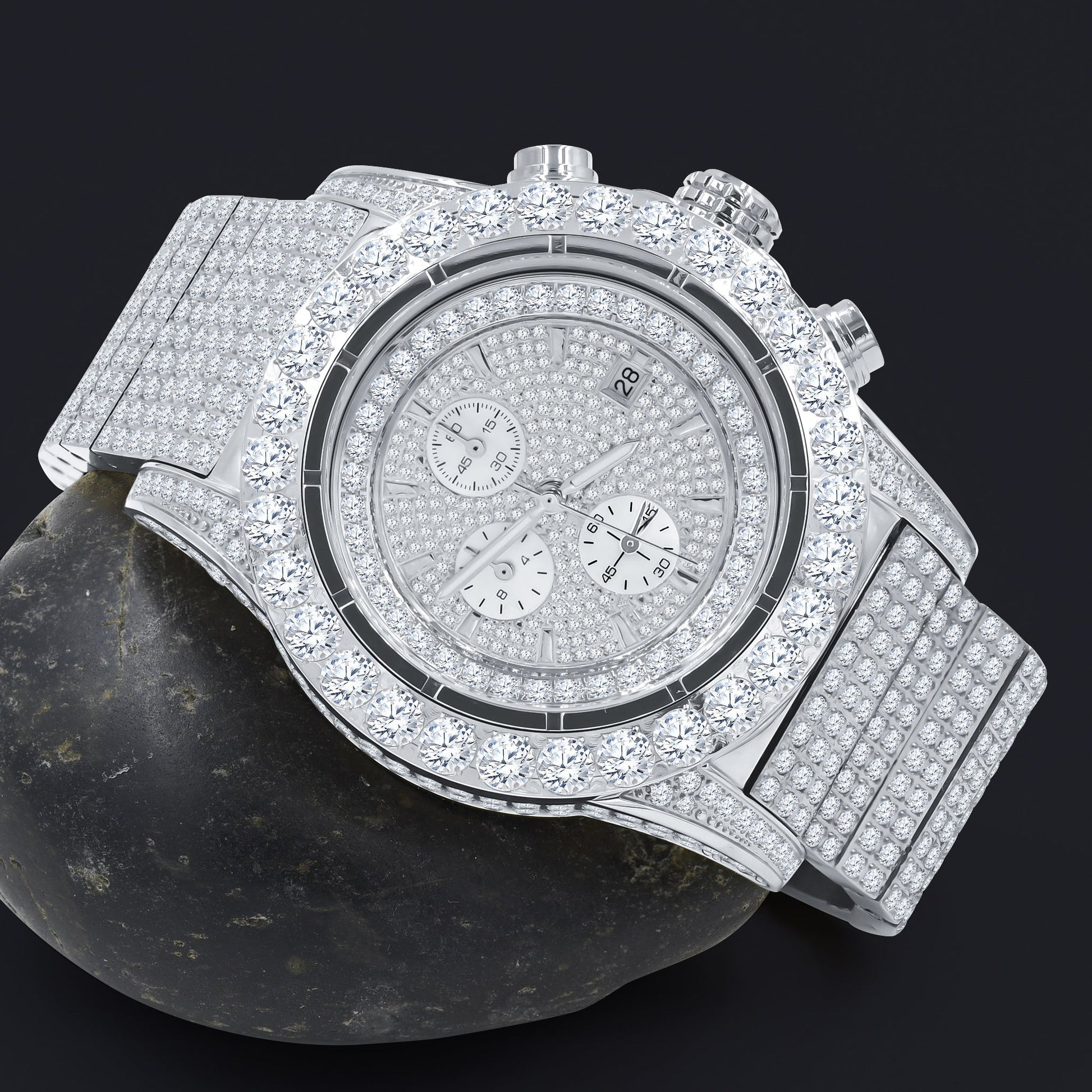 Luxury diamond-encrusted watch on a dark background