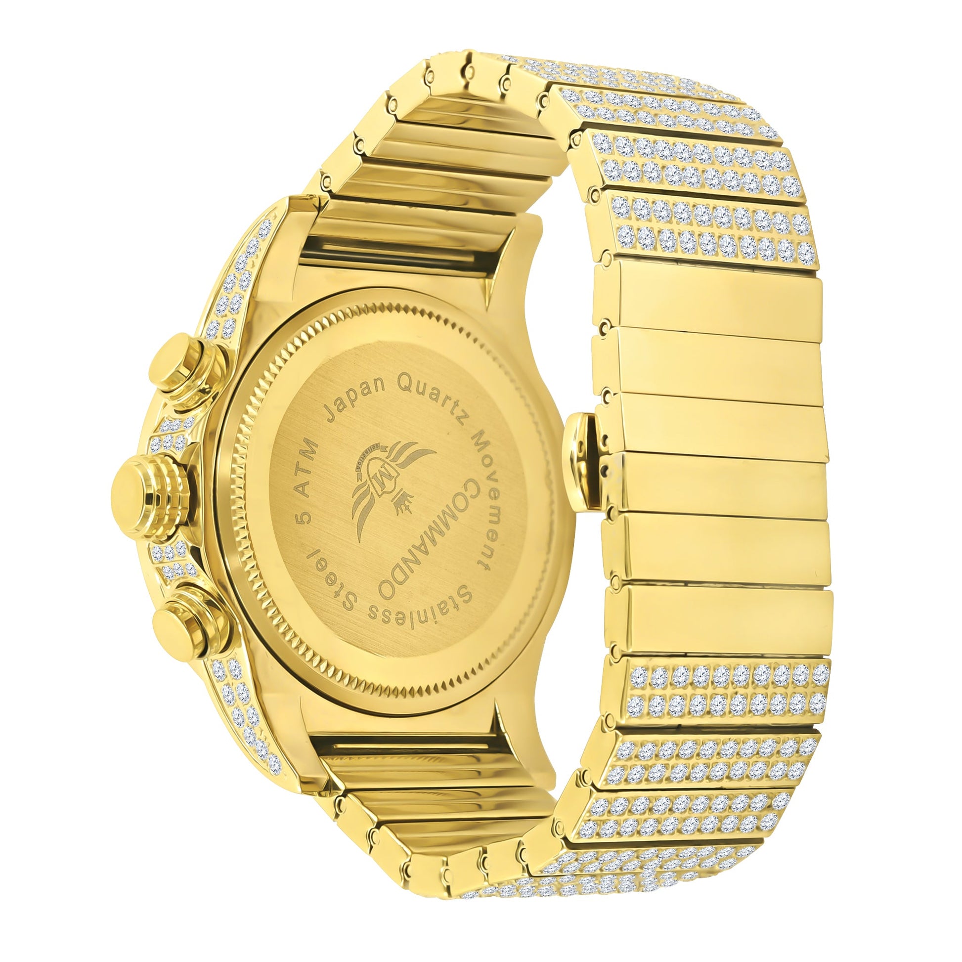Gold watch with diamond-studded band on a white background