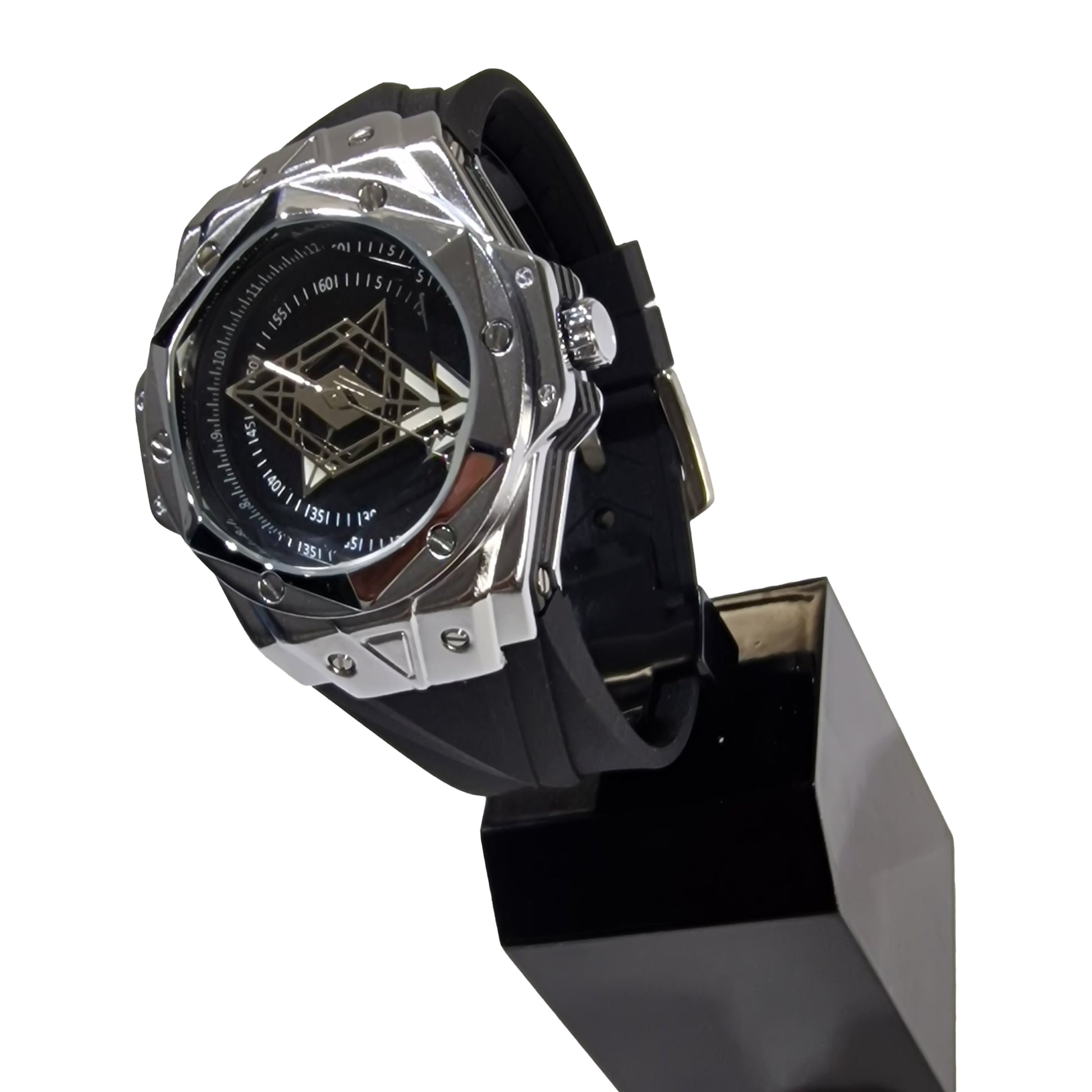Luxury watch with black strap and transparent case on a white background