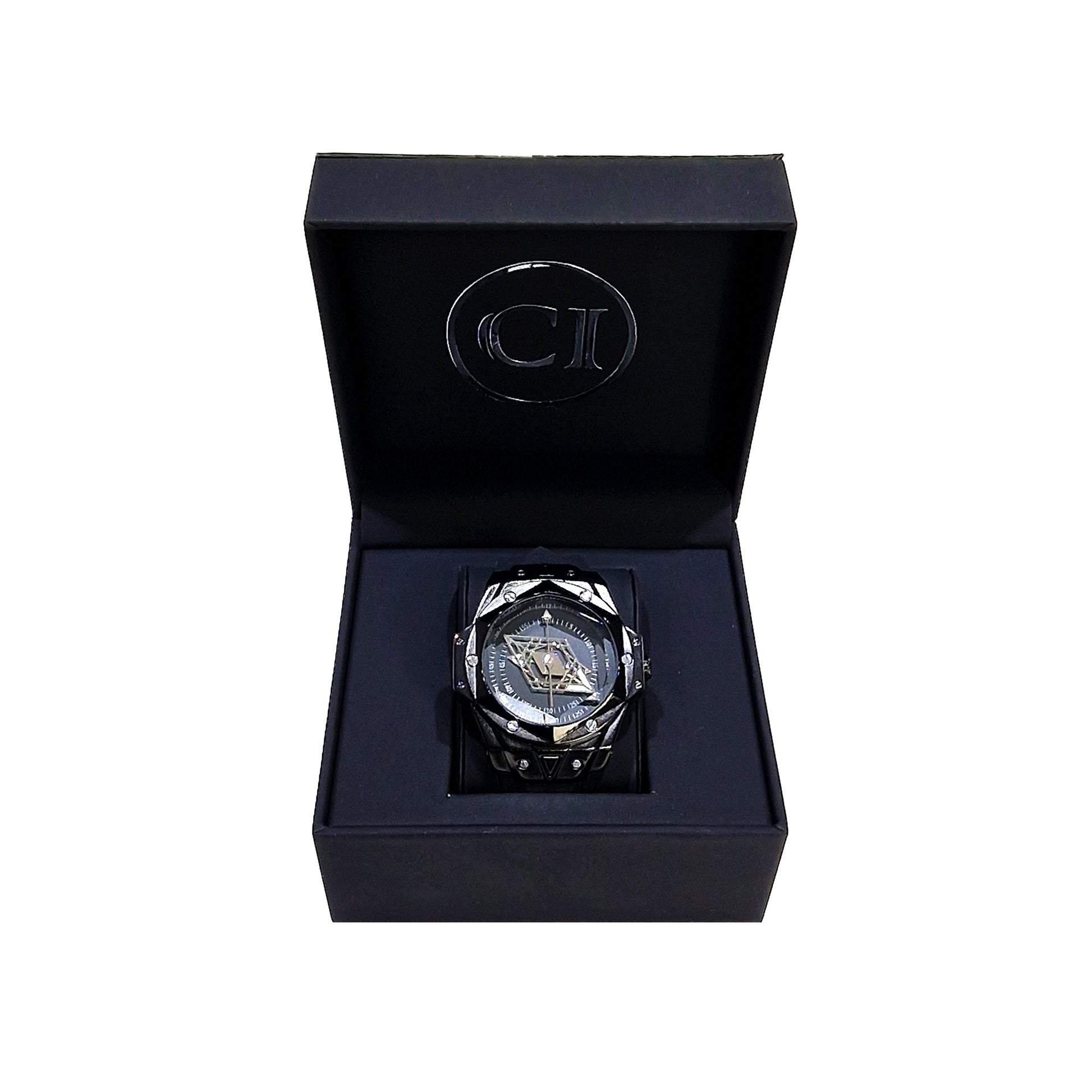 Luxury watch in a black box with a visible brand logo on a white background