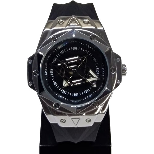 Black and silver watch with unique design on a white background