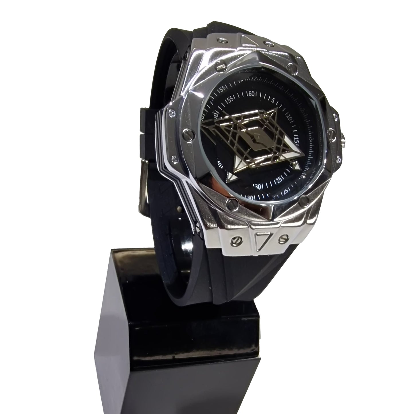 Luxury watch with a black and silver design on a white background