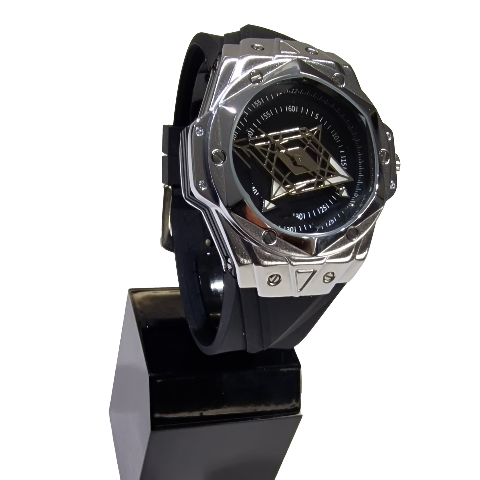 Luxury watch with a black and silver design on a white background