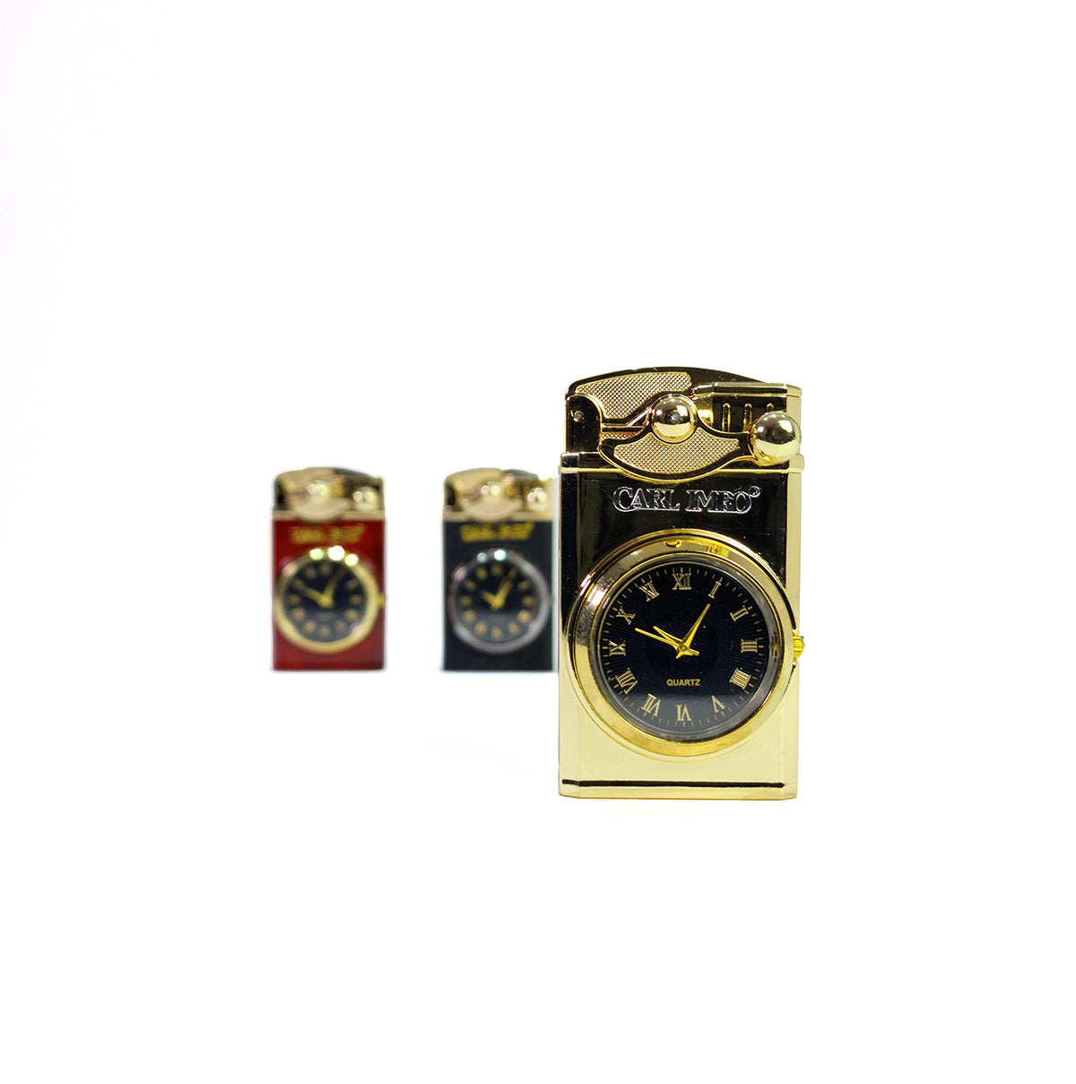 Three clock-shaped lighters on a white background