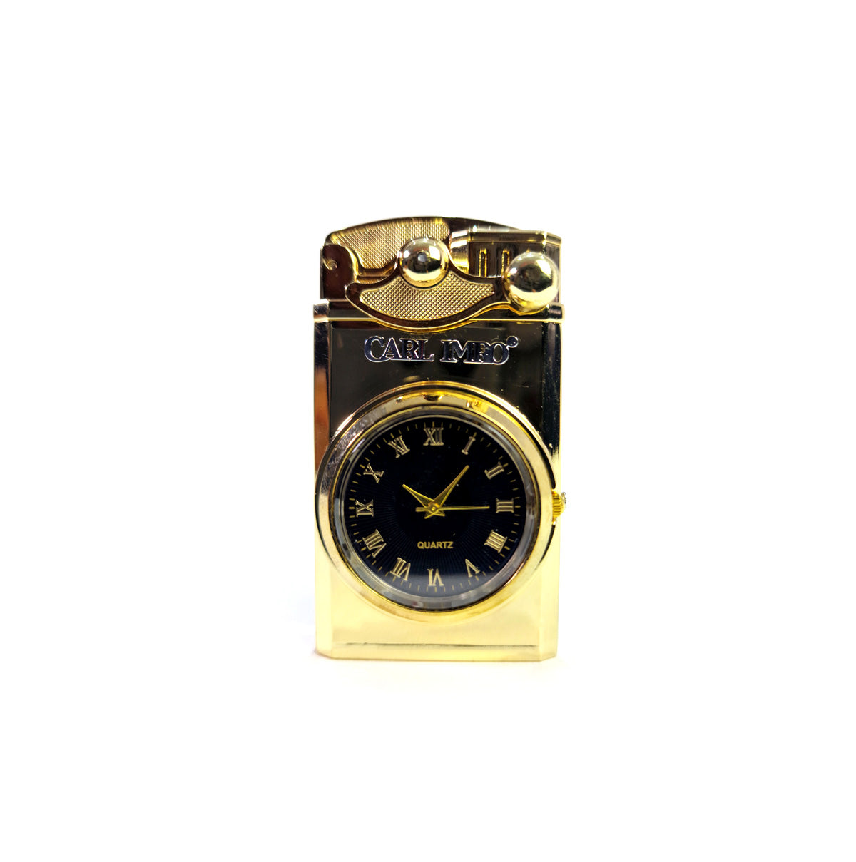 Gold lighter with a black clock face on a white background