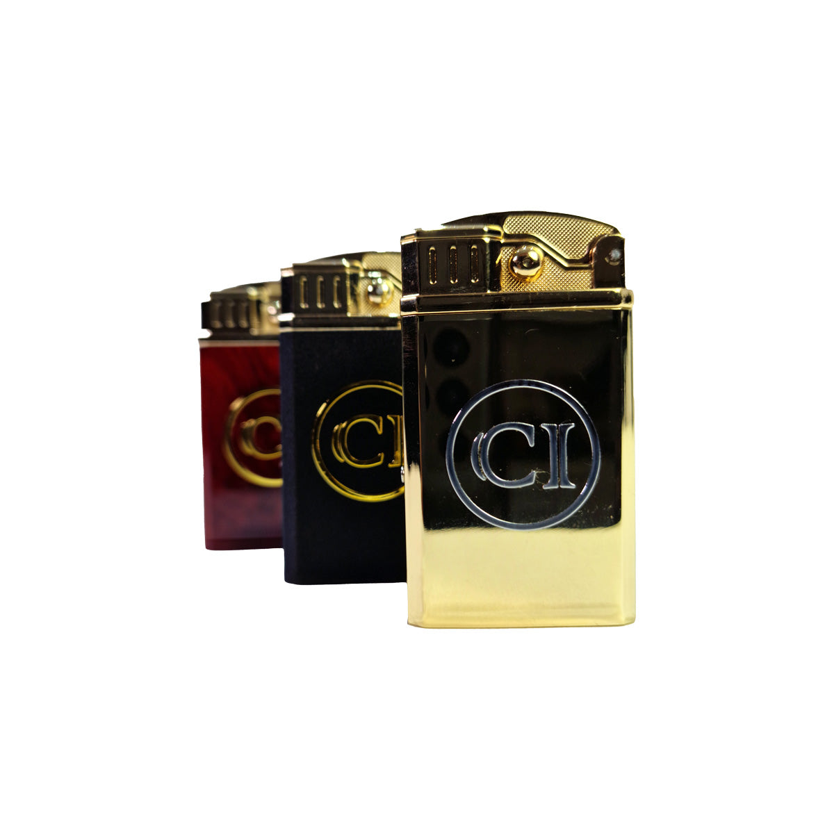 Three gold lighters with 'CI' logo on a white background