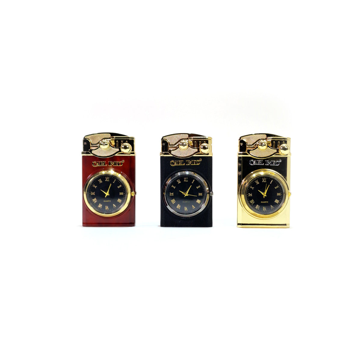 Three clock-shaped lighters in red, black, and gold on a white background