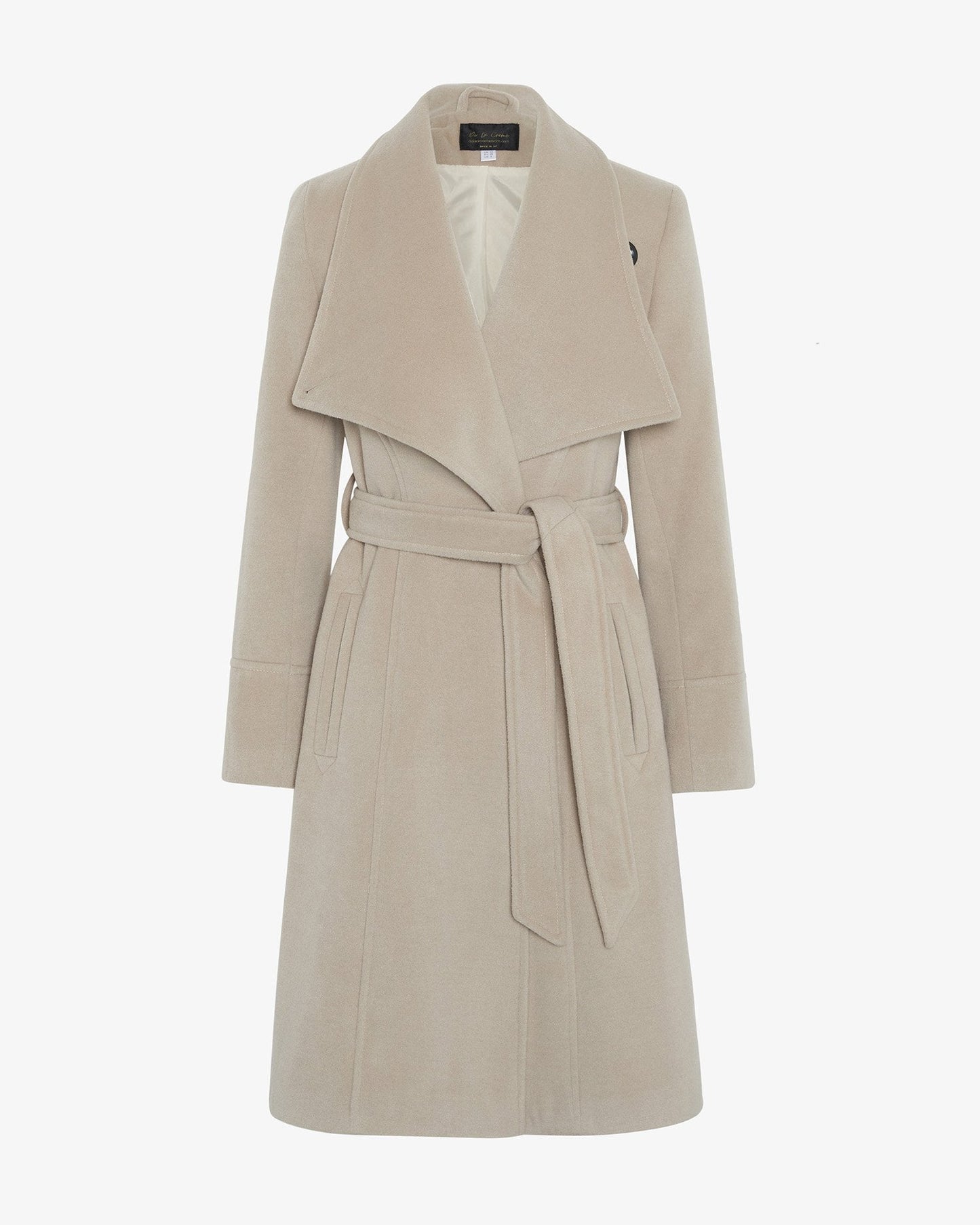 Beige trench coat with a belt on a white background