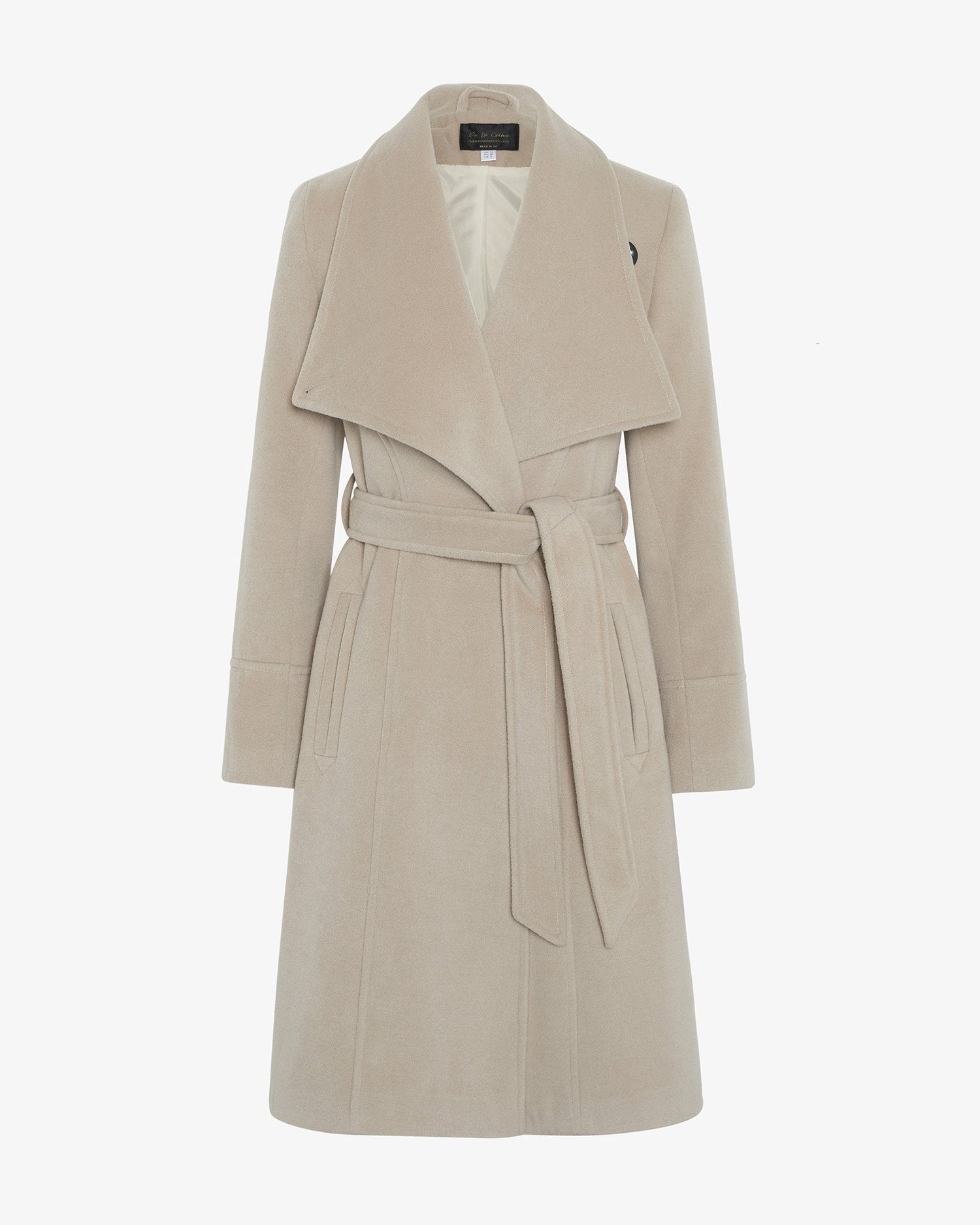 Beige trench coat with a belt on a white background