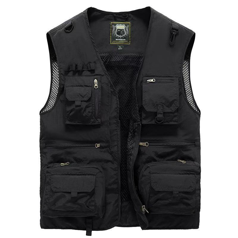 Black tactical vest with multiple pockets and a visible brand logo on a white background