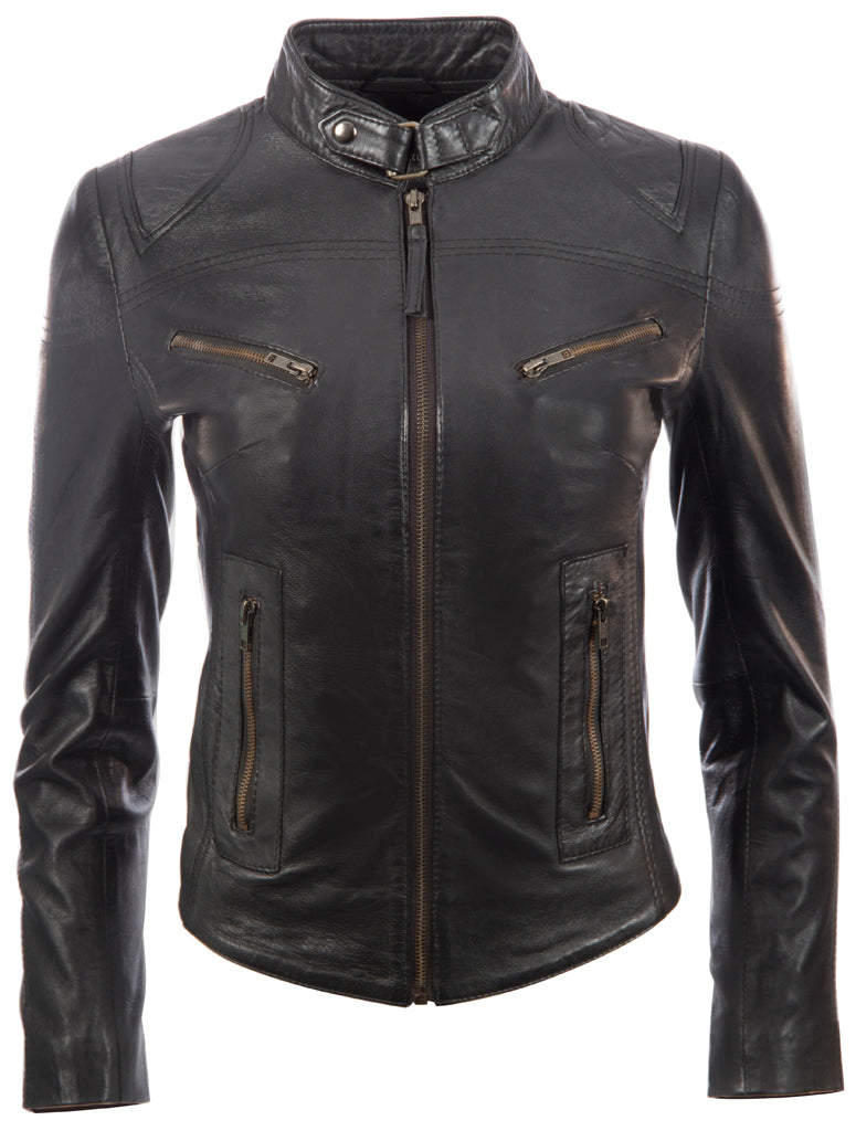 Black leather jacket with zippers on a white background front view
