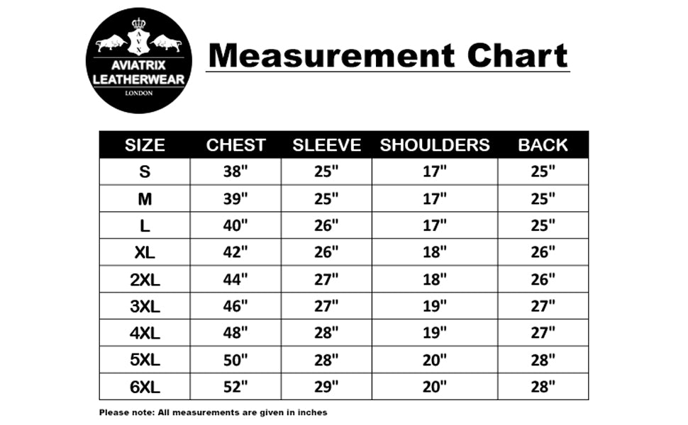 Measurement chart for leather wear with size chart and Avatrix Leatherwear logo.