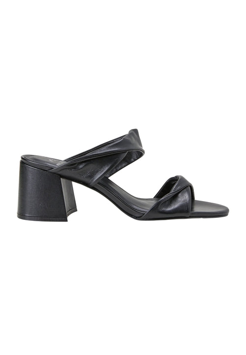 Black sandal with a block heel on a white background