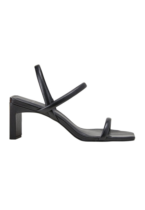 Black sandal with thin straps on a white background