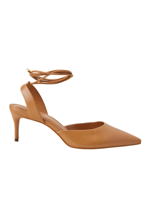 Tan high-heeled shoe with ankle strap on a white background