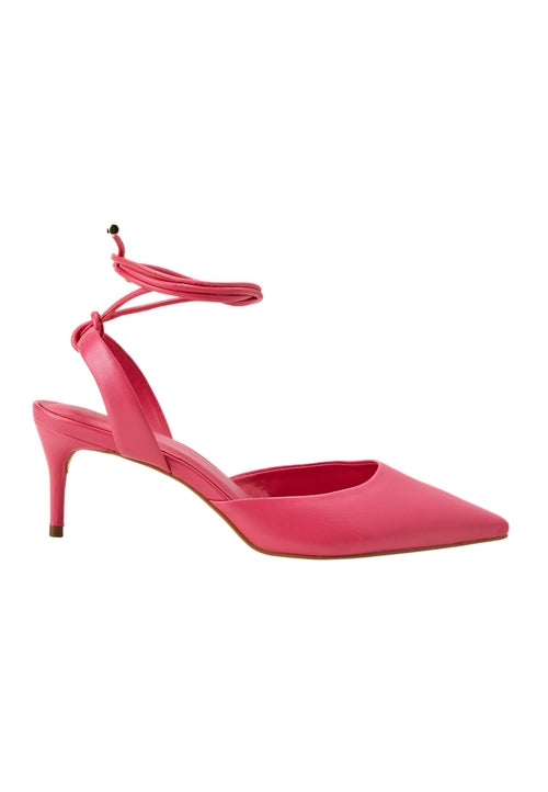Pink high-heeled shoe with ankle strap on a white background