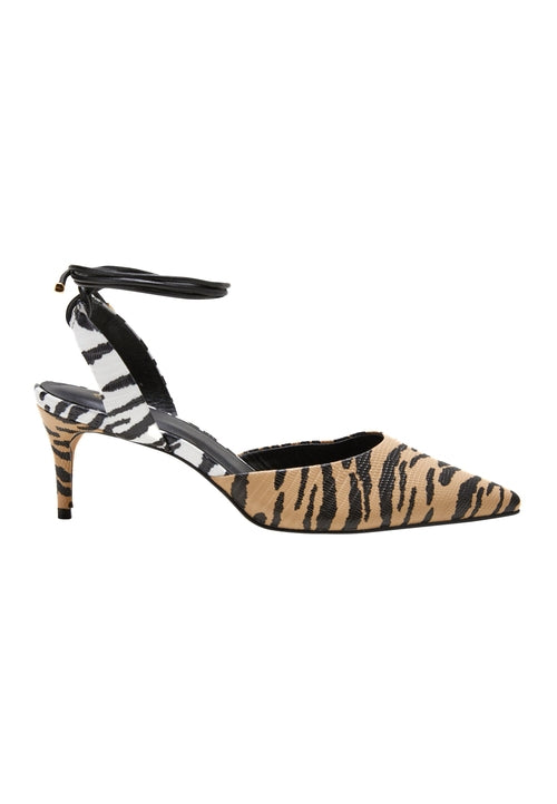 Zebra print high-heeled shoes on a white background