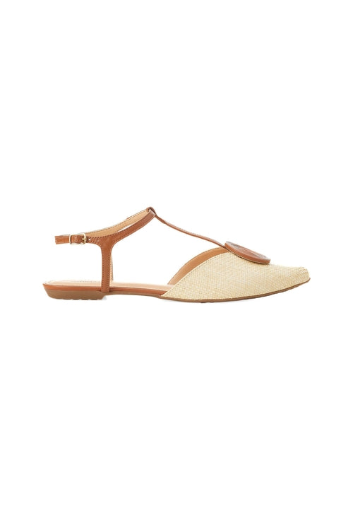 Beige sandal with a brown strap on a white background