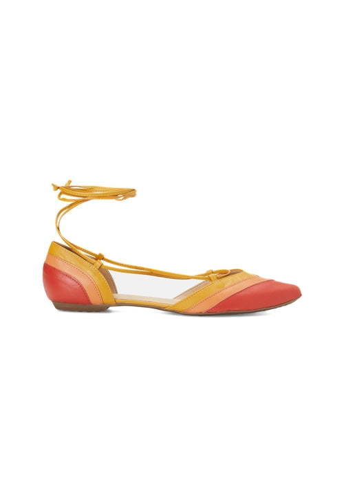 Yellow and red flat shoe with ankle strap on a white background