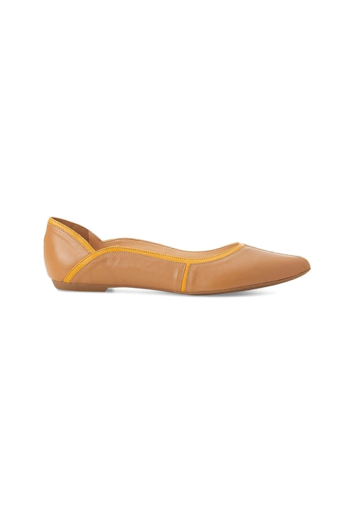Tan flat shoe with yellow accents on a white background
