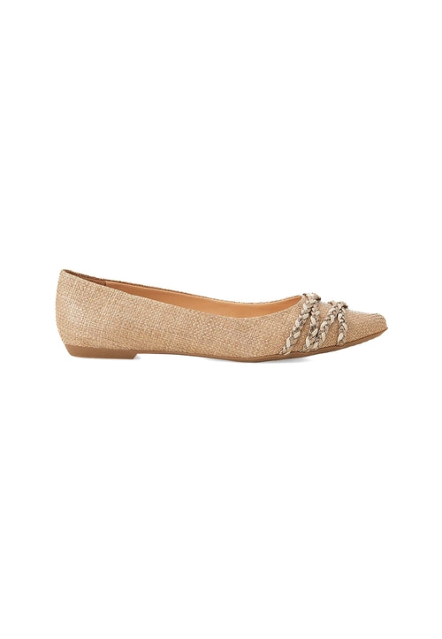 Beige flat shoe with decorative embellishments on a white background