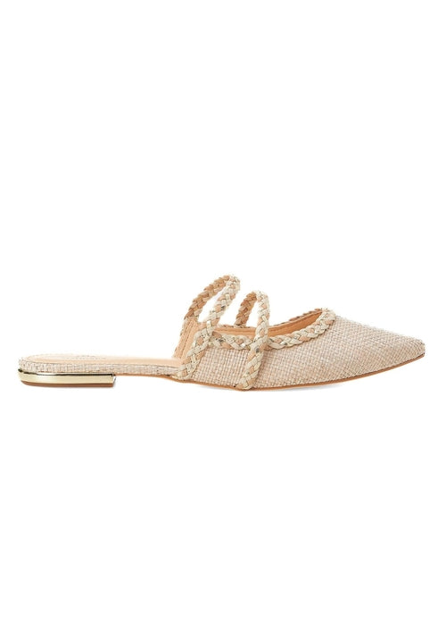 Pointed-toe flat sandal with raffia design and pearl embellishments on a white background