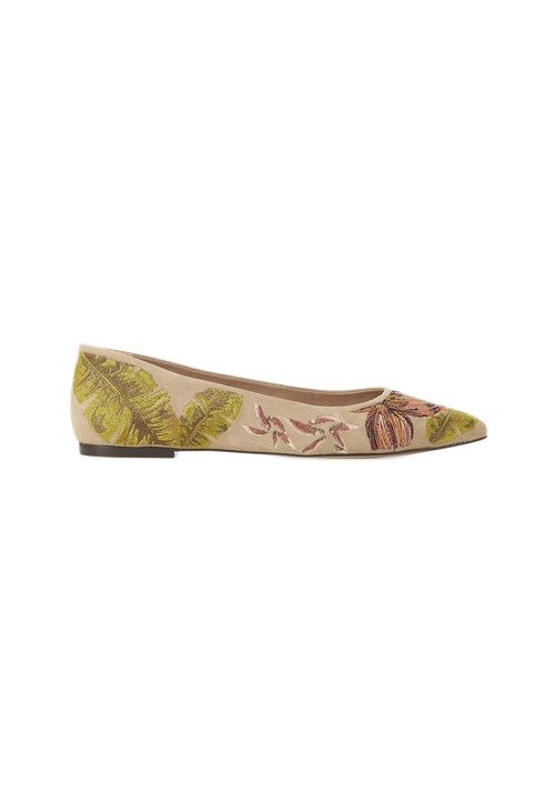 Floral-patterned flat shoe on a white background