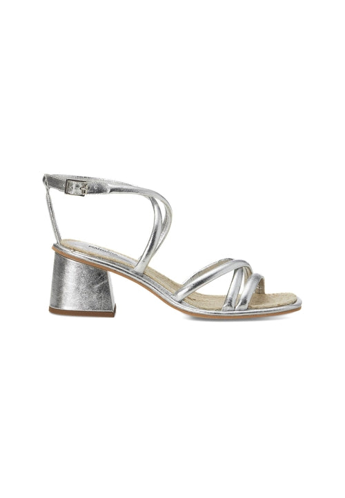 Silver sandal with a block heel on a white background
