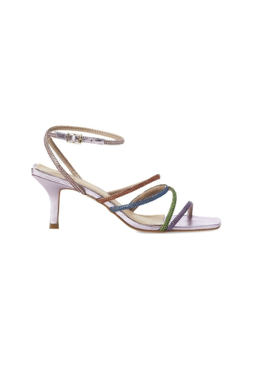 High-heeled sandal with multicolor straps on a white background