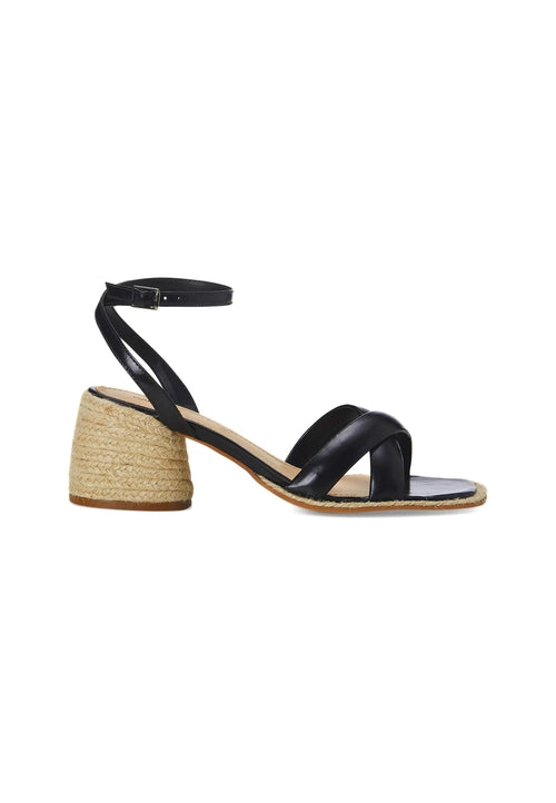 Black sandal with a woven heel on a white background
