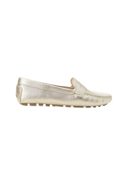 Gold loafer shoe on a white background