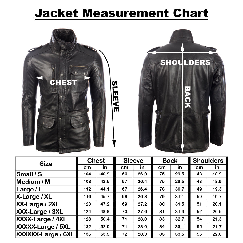 Measurement chart for a leather jacket showing chest, sleeve, shoulders, and back measurements.