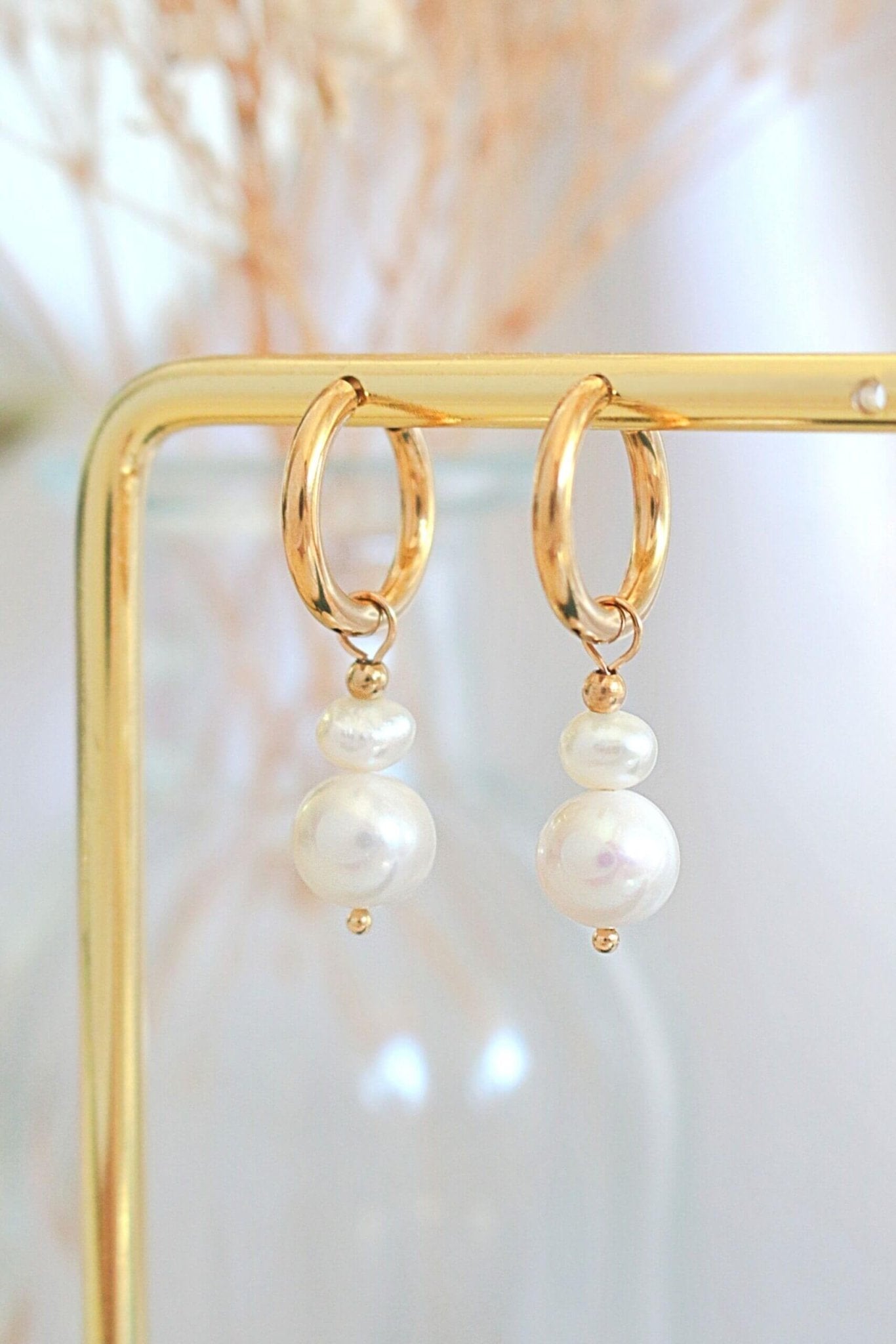 24K Gold Baroque Pearl Dangle Hoops - Freshwater Pearl Earrings with Irregular Shape - Style Queenz