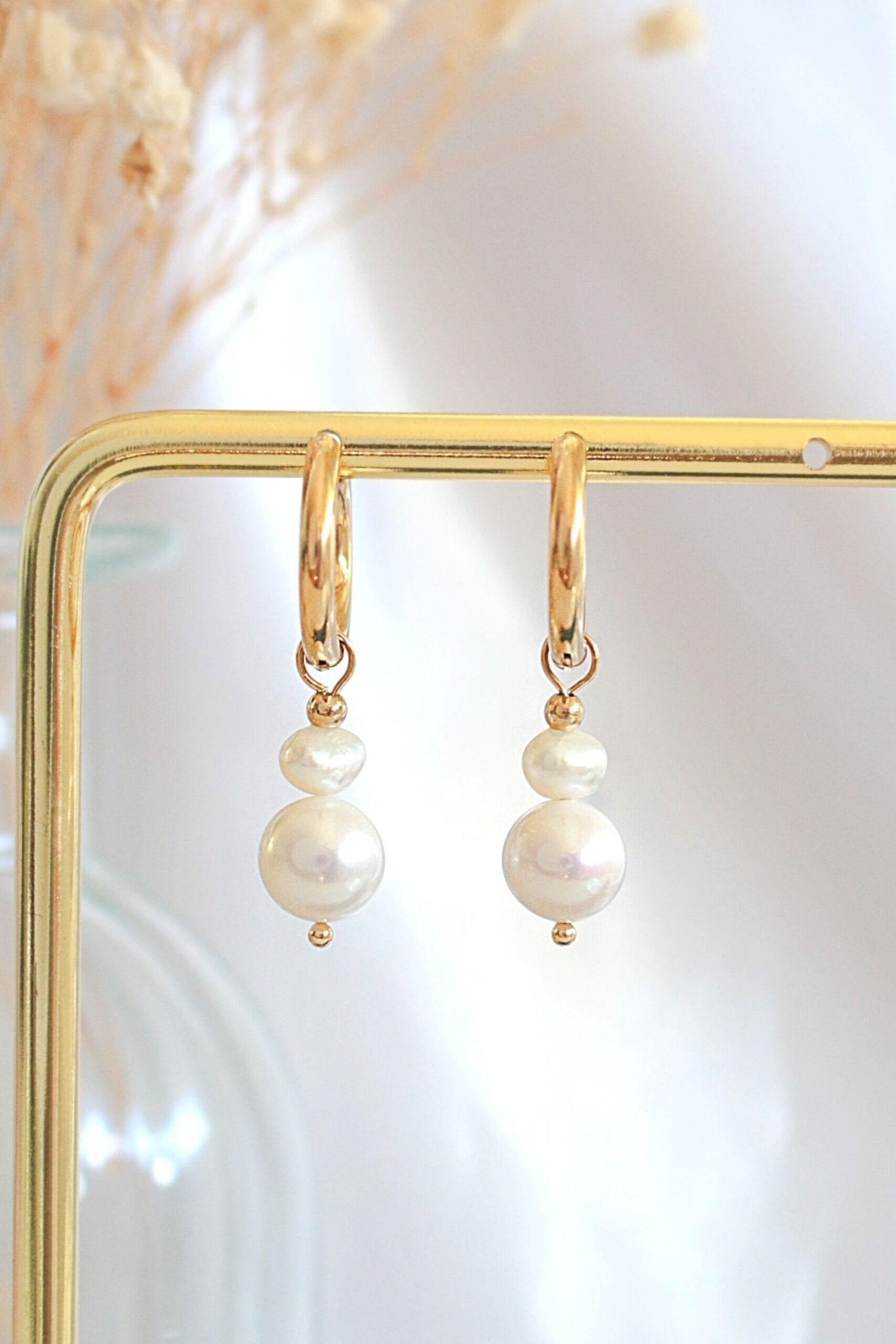 24K Gold Baroque Pearl Dangle Hoops - Freshwater Pearl Earrings with Irregular Shape - Style Queenz