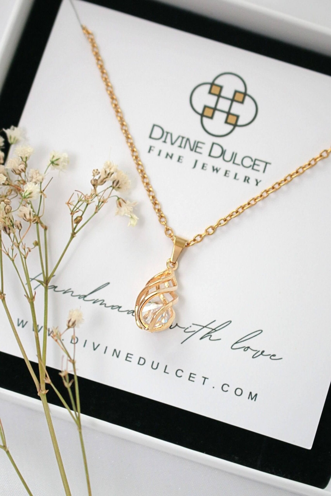 24K Gold CZ Tear Drop Cage Necklace - Dainty Cubic Zirconia Pendant Jewelry - Style Queenz