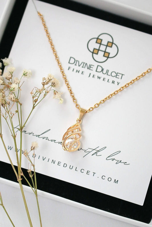 24K Gold CZ Tear Drop Cage Necklace - Dainty Cubic Zirconia Pendant Jewelry - Style Queenz