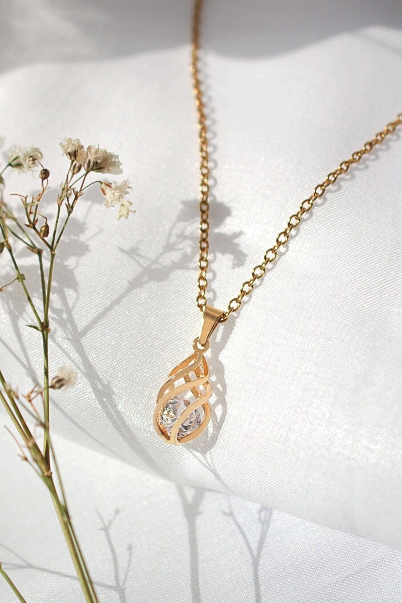 24K Gold CZ Tear Drop Cage Necklace - Dainty Cubic Zirconia Pendant Jewelry - Style Queenz