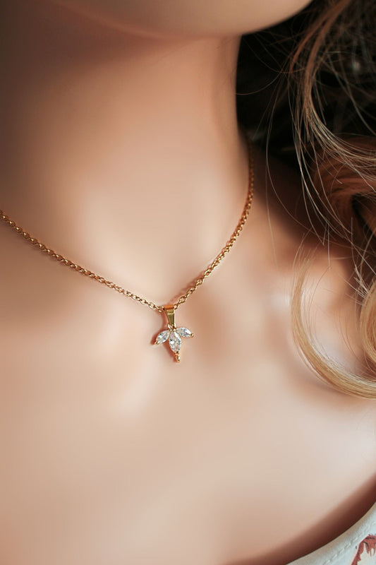 24K Gold Dainty Flower Petals Necklace - CZ Pendant with Stainless Steel Chain - Style Queenz