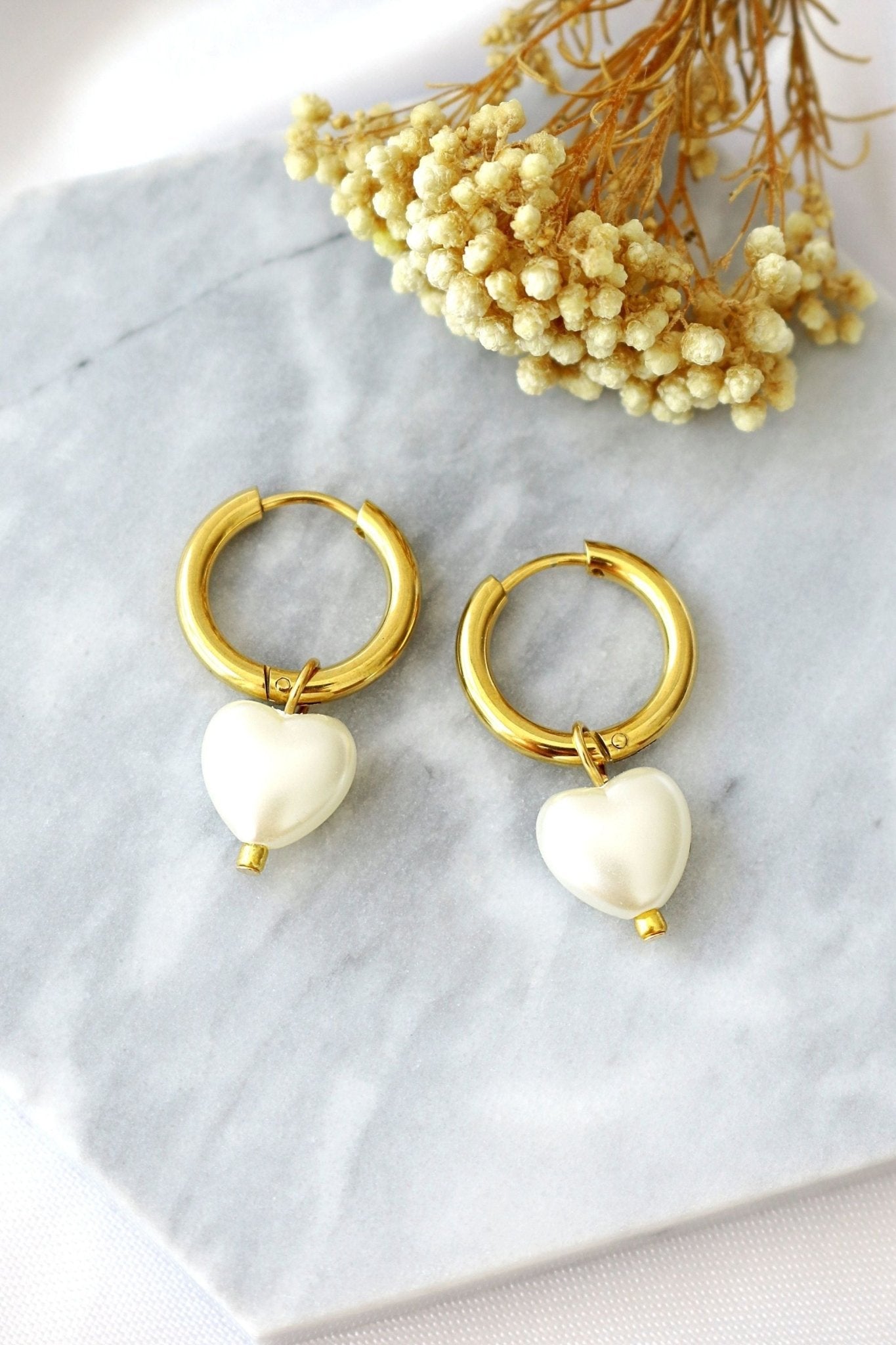 24K Gold Pearl Heart Hoop Earrings - Elegant Pearl Huggie Earrings for Women - Style Queenz