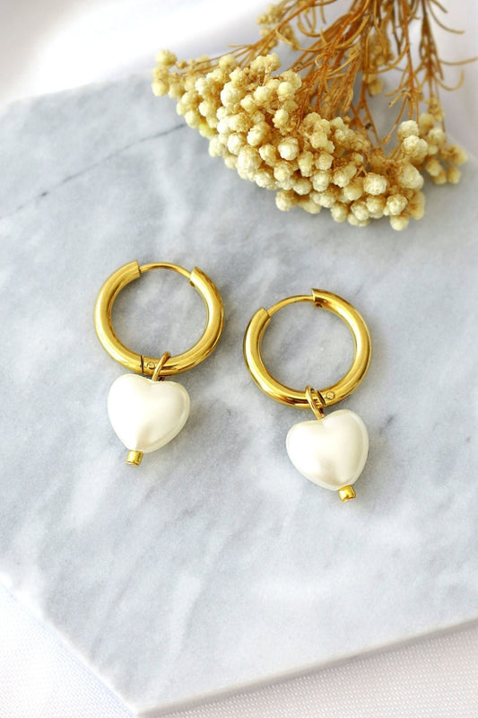 24K Gold Pearl Heart Hoop Earrings - Elegant Pearl Huggie Earrings for Women - Style Queenz