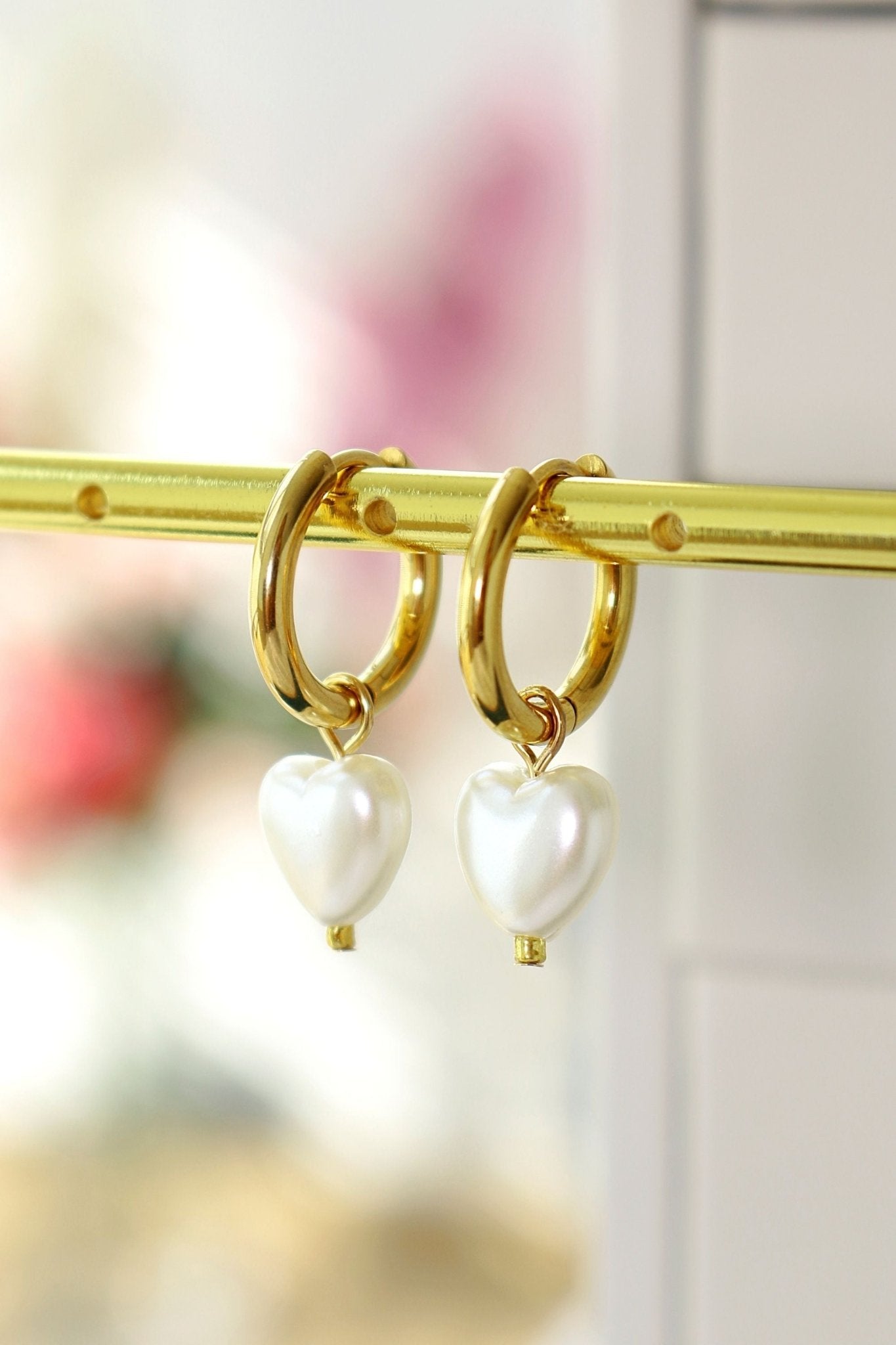 24K Gold Pearl Heart Hoop Earrings - Elegant Pearl Huggie Earrings for Women - Style Queenz