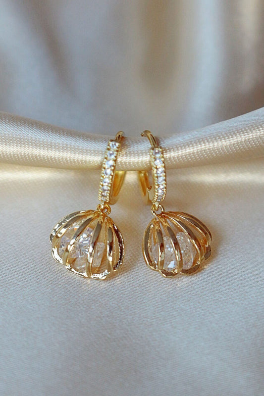 24K Gold Sea Shell Hoop Earrings - Beach CZ Dainty Hoops with Cubic Zirconia - Style Queenz