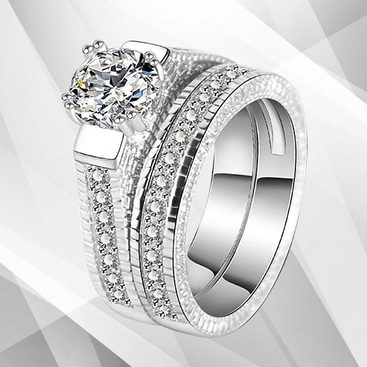 2.50Ct Diamond Bridal Engagement Ring Set - 18Ct White Gold Double Band - Style Queenz
