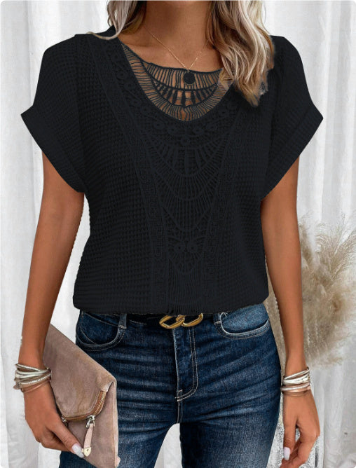 Ethnic Print Hollow Out T-Shirt for Women