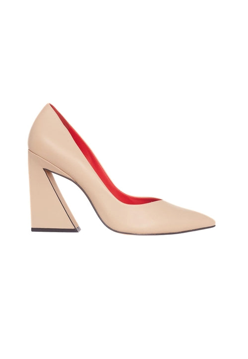 Beige high-heeled shoe with red interior on a white background