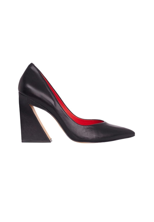 Black high-heeled shoe with red interior on a white background